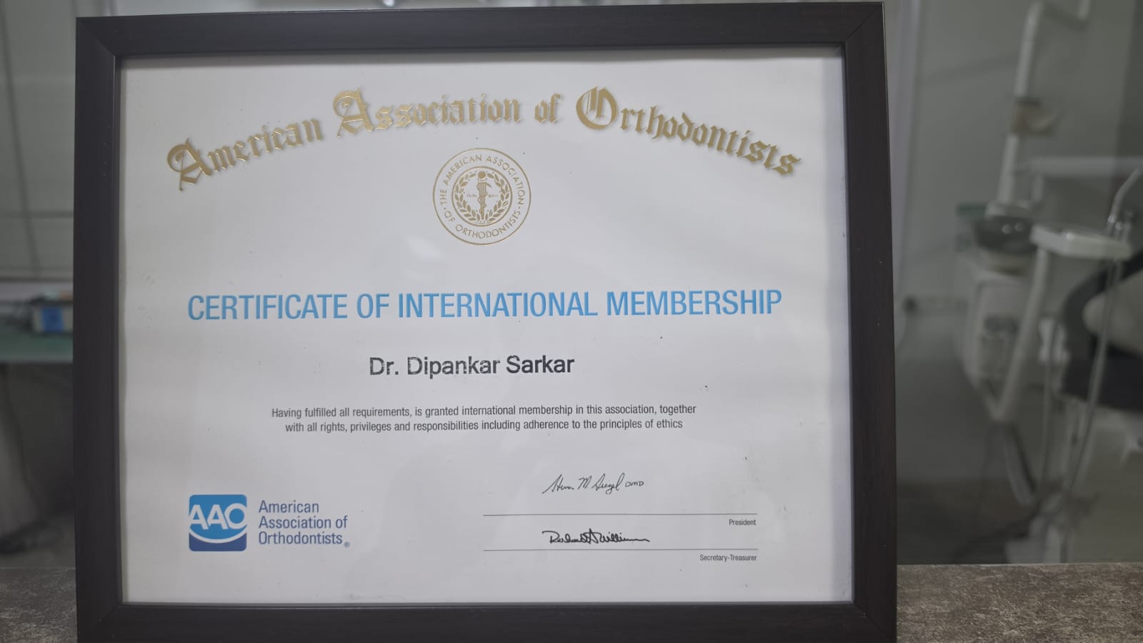 American Association of Orthodontists Certificate of International Membership awarded to Dr. Dipankar Sarkar
