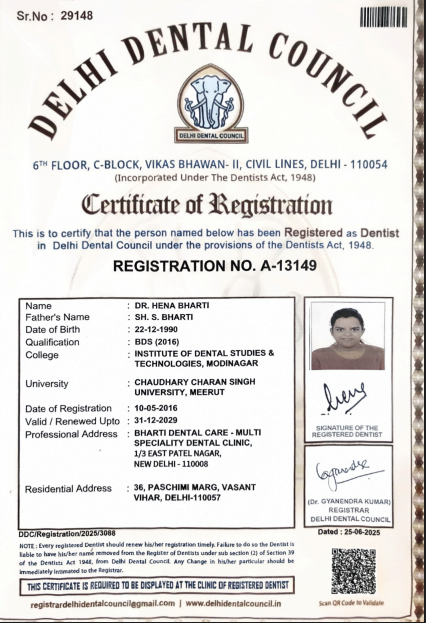 Delhi Dental Council Certificate of Registration awarded to Dr. Hena Bharti