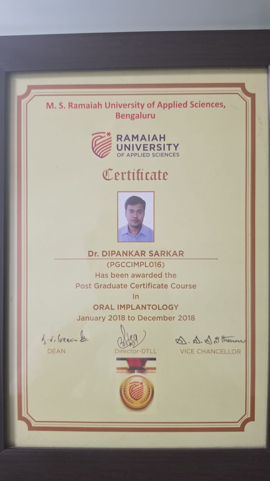 Ramaiah University of Applied Sciences Post Graduate Certificate Course in Oral Implantology awarded to Dr. Dipankar Sarkar, 2018