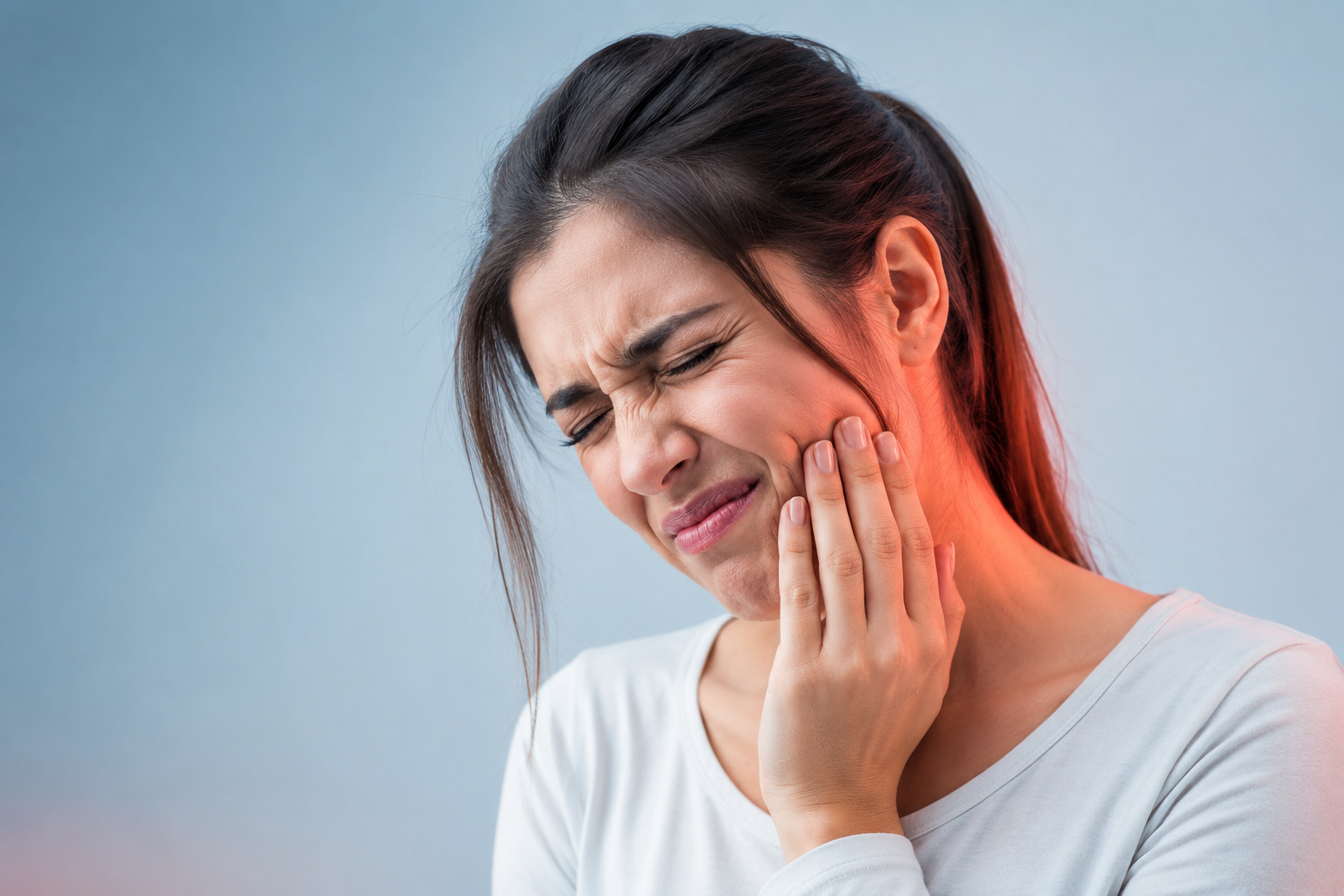 Woman experiencing tooth pain while biting down