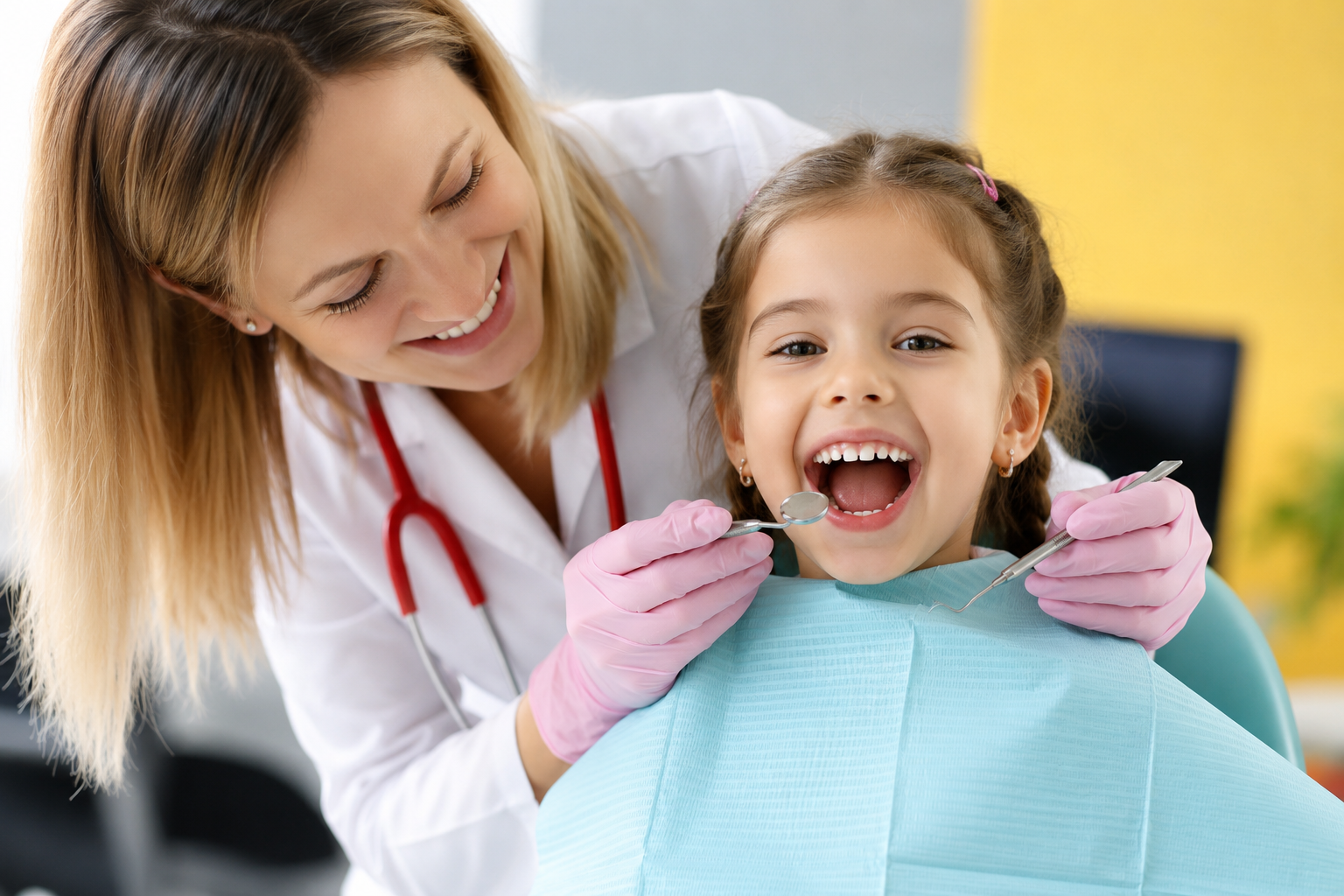 Dentist smiling with a happy young girl during her first dental visit