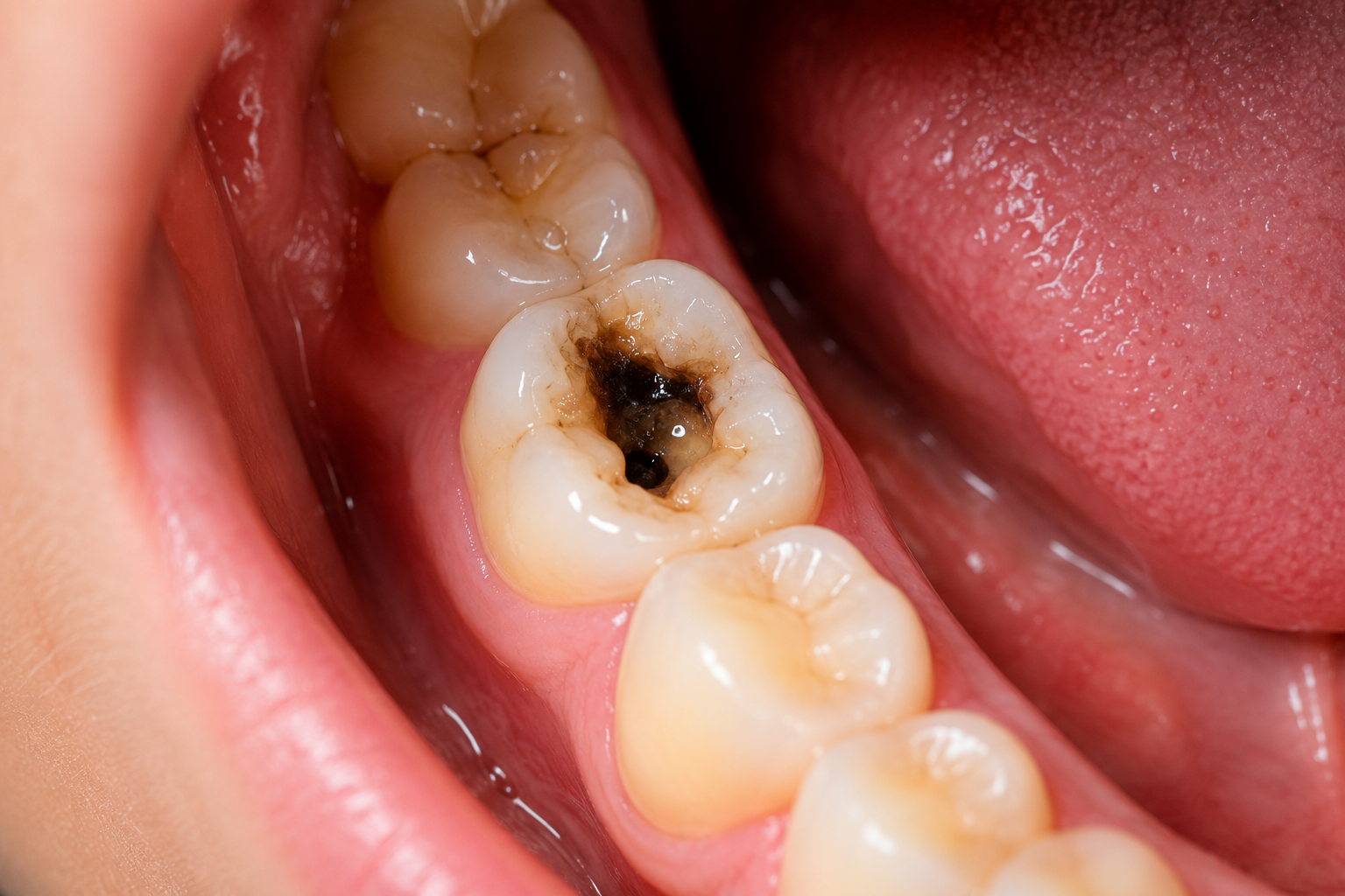 Close-up of a tooth with a dark cavity showing decay