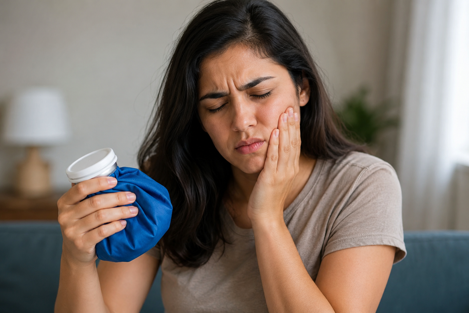Woman holding an ice pack to her cheek due to wisdom tooth pain