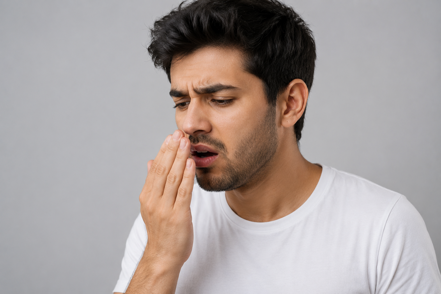 Man checking his breath due to bad breath concerns