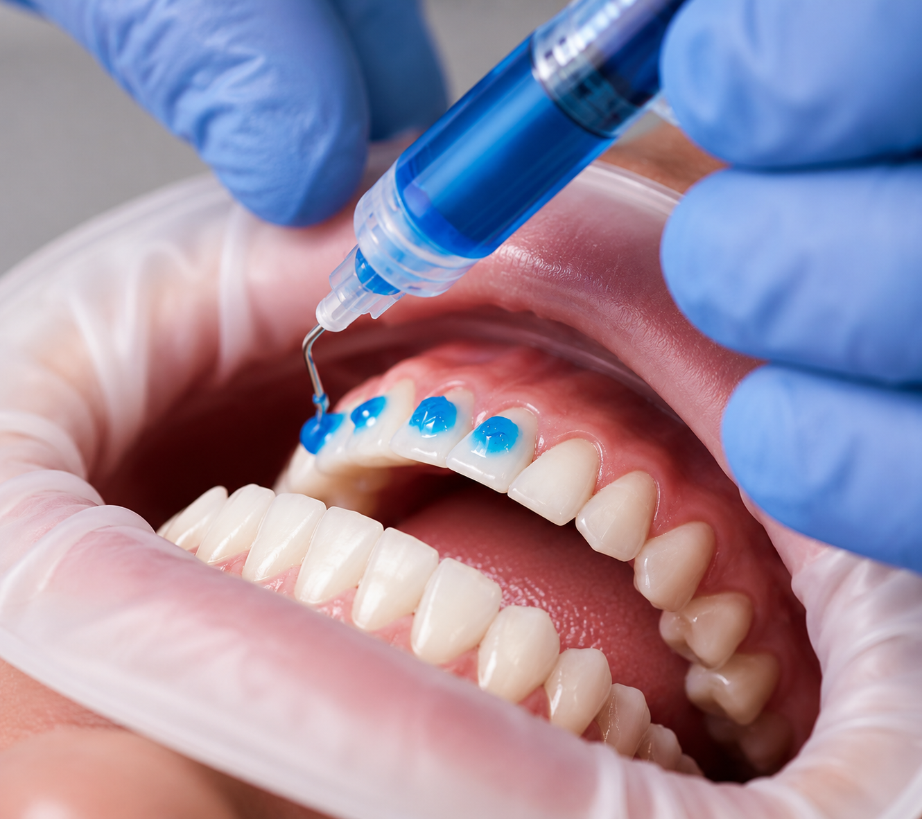Dentist applying professional teeth whitening gel